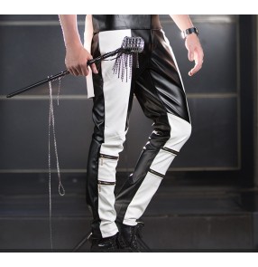 Black and white patchwork long length leather men's man male fashion stage performance party club motor cycle punk rock jazz singer dance pants trousers outfits 